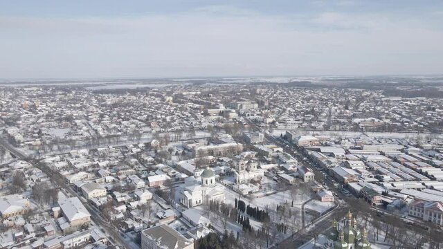 Air view from a drone to the city of Nizhyn in Chernihiv in winter