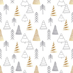 Obraz premium Christmass tree seamless pattern. Gold and black tree vector illustration. Hand drawn doodle sketch.