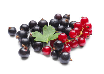 Tasty different currants on white background