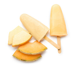 Tasty melon popsicles on white background