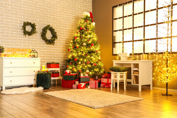 Interior of beautiful modern room decorated for Christmas