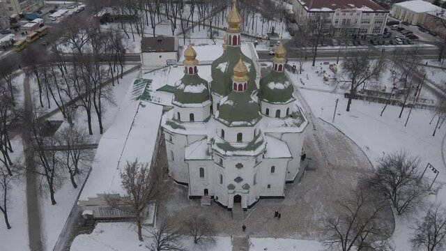 Air view from a drone to the city of Nizhyn in Chernihiv in winter