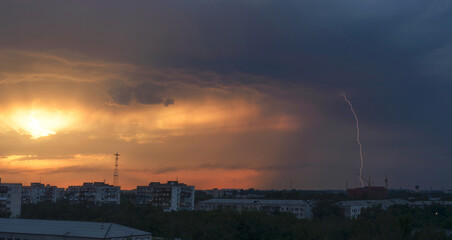 sunset over the city with light