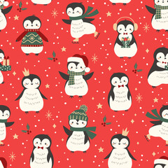 Vector Christmas seamless pattern with cute little penguins on red background. Christmas and New Year wrapping paper for children.