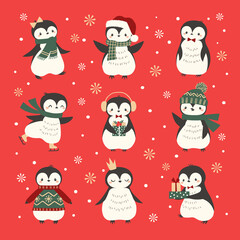 Vector illustration set of cute cartoon penguins isolated on red background for Christmas and New Year graphic design.