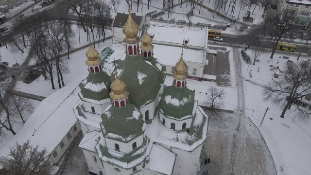 Air view from a drone to the city of Nizhyn in Chernihiv in winter