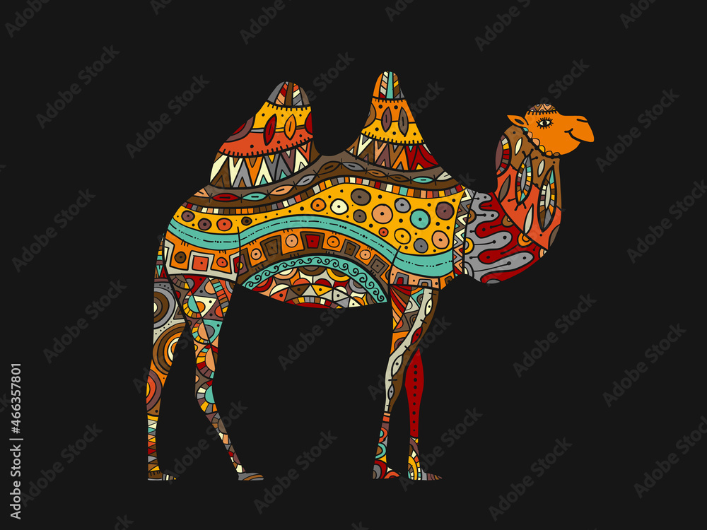 Sticker hand drawn camel. colorful zentangle ornament for your design