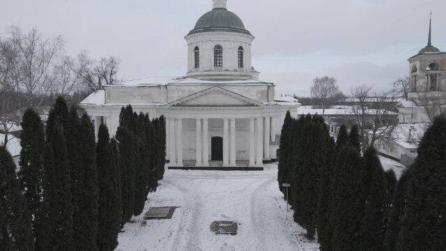 Air view from a drone to the city of Nizhyn in Chernihiv in winter