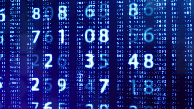 3d loop background, concept of digital data processing, calculation and visualization of computation. Counters of numbers in rows of lines on plane. Blue digital information bg with numbers. Sci-fi bg