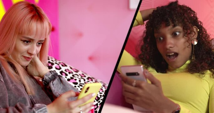 Female friends sending message to each other, split screen digital composite