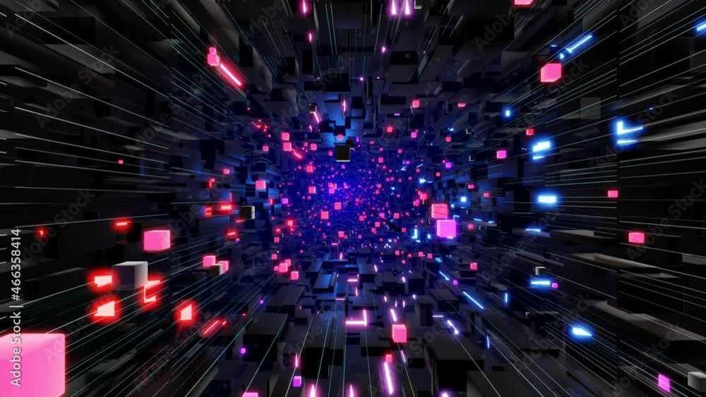 Poster tunnel with neon light. sci-fi bg fly through tech digital space. concept of hi-tech information flo