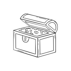 Wooden pirate treasure chest  full of gold coins. Doodle sketch style.  Hand drawn vector illustration isolated on white background.