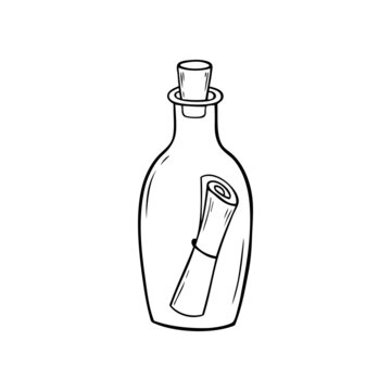 Bottle with a message inside in doodle style. Glass bottle with a scroll tied with a ribbon inside it. Hand drawn vector illustration isolated on white background.