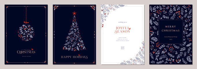 Holidays cards with Christmas Tree, birds, Christmas ornament, floral background, ornate frames and copy space. Universal modern artistic templates. - 466358624