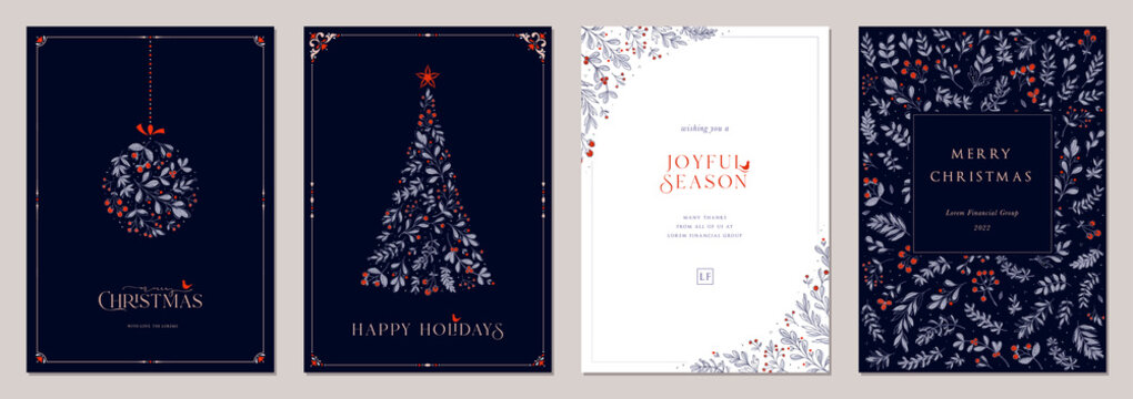 Holidays cards with Christmas Tree, birds, Christmas ornament, floral background, ornate frames and copy space. Universal modern artistic templates.