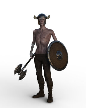 3D rendering of a zombie viking warrior standing with horned helmet holding a shield and axe isolated on a white background.