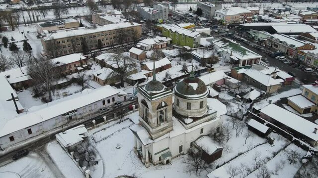 Air view from a drone to the city of Nizhyn in Chernihiv in winter
