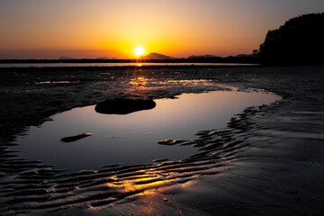 Small tide pool at low tide reflecting a clear sky at sunset