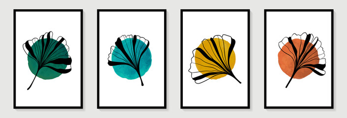 Fototapeta na wymiar Creative minimalist hand painted Abstract art background with watercolor circle and Hand Drawn doodle Scribble ginkgo biloba leaves linear. Design for wall decoration, postcard, poster or brochure