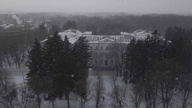 Air view from a drone to the city of Nizhyn in Chernihiv in winter