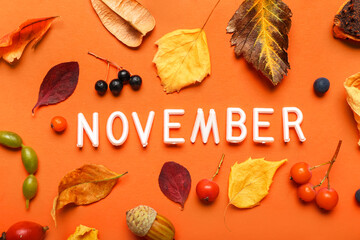 Autumn forest decor and word NOVEMBER on color background, closeup