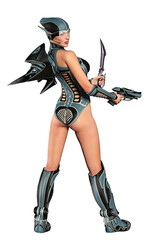 futuristic woman with gun and sword