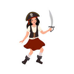 Happy pirate girl with saber and cocked hat. Joyful kid in carnival costume waving sword. Festive clothing for Halloween, New year, holiday and children party design