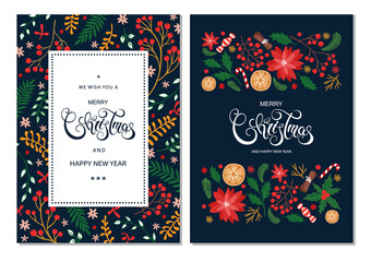 Merry Christmas and Happy New Year cards and invitations set with hand drawn elements. Holiday card with place for text. Floral frames and backgrounds. Vector illustration.