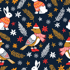 Christmas seamless pattern with cute funny birds, rabbits, leaves and flowers. Vector illustration.