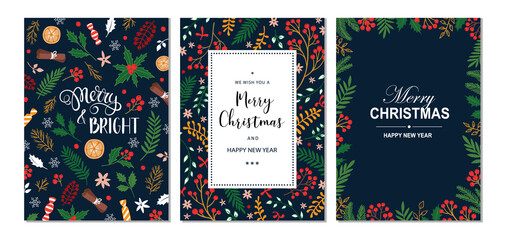 Merry Christmas and Happy New Year cards and invitations set with hand drawn elements. Holiday card with place for text. Floral frames and backgrounds. Vector illustration. © artnata