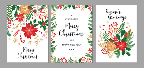 Merry Christmas and Happy New Year cards and invitations set with hand drawn elements. Holiday card with place for text. Floral frames and backgrounds. Vector illustration. © artnata