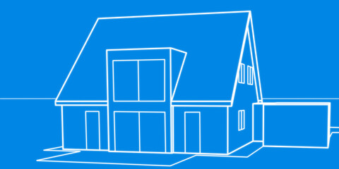Entwurf eines modernen Einfamilienhauses mit Satteldach und Garage, Wohnungsbau, Neubau, Planung, Architektur, Blueprint