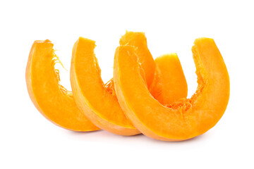 Ripe pumpkin slices on white background