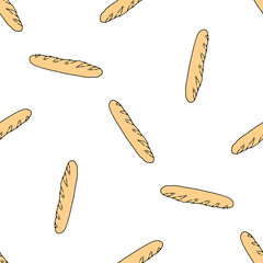 a pattern from a baguette. seamless pattern of a long yellow baguette drawn in doodle style randomly arranged on a white background for a bakery template