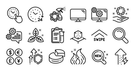 Fototapeta premium Cogwheel, Search and Coronavirus spray line icons set. Secure shield and Money currency exchange. Swipe up, Computer and Medical analyzes icons. New products, Fire energy and Fair trade signs. Vector