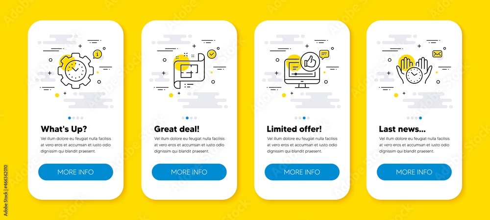 Poster vector set of architectural plan, time management and like video line icons set. ui phone app screen