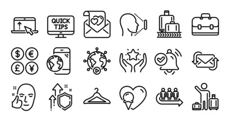 Web tutorials, Healthy face and Face id line icons set. Secure shield and Money currency exchange. Refresh mail, Notification received and Mobile internet icons. Vector