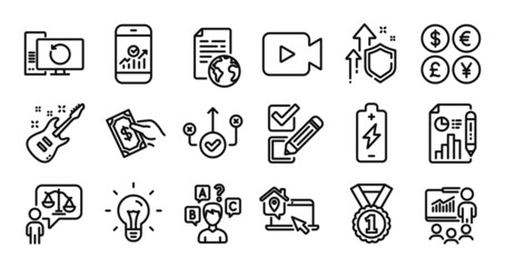 Internet document, Lawyer and Smartphone statistics line icons set. Secure shield and Money currency exchange. Pay money, Quiz test and Report document icons. Vector