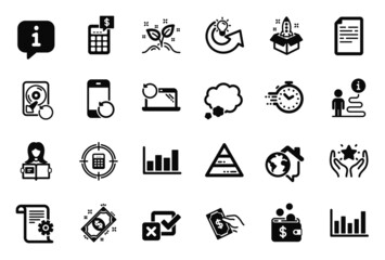 Vector Set of Education icons related to Calculator, Recovery hdd and Report diagram icons. Technical documentation, Timer and Recovery laptop signs. Checkbox, Document and Pay money. Vector