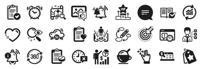 Set of Business icons, such as 5g cloud, Patient history, Vip podium icons. Keywords, Seo statistics, Medical prescription signs. Text message, Project deadline, Heart. Search, Alarm clock. Vector