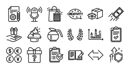 Loyalty program, Checklist and Survey results line icons set. Secure shield and Money currency exchange. Survey checklist, Laurel wreath and Feedback icons. Vector