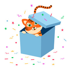 Vector illustration in a flat style. A gift box in which a tiger cub is hidden.