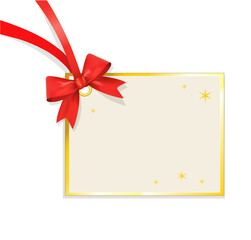 Blanko Karte mit goldenem Rand, goldene Sterne. gebunden mit rote Schleife, 
Vektor Illustration isoliert auf weißem Hintergrund
