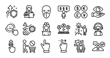 Medical mask, Stop shopping and Wash hand line icons set. Secure shield and Money currency exchange. Click hand, Job interview and Touchscreen gesture icons. Vector