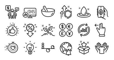 Update data, Ecology app and Startup concept line icons set. Secure shield and Money currency exchange. Report statistics, Teamwork and Balance icons. Fuel energy, Like hand and Timer signs. Vector