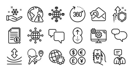 Chat message, Logistics network and International globe line icons set. Secure shield and Money currency exchange. Internet warning, Send mail and 360 degrees icons. Vector