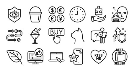 Leaf, Face cream and Buying line icons set. Secure shield and Money currency exchange. Portable computer, Puzzle and Kiss me icons. Bucket, Clock and Pets care signs. Vector
