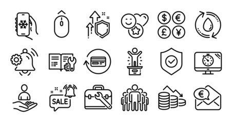 Promotion bell, Tool case and Security shield line icons set. Secure shield and Money currency exchange. Notification bell, Recruitment and Refund commission icons. Vector