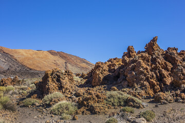 Dramatic moon-like scenery (Paisaje Lunar) at Las Canadas caldera in Teide National Park (Parque nacional del Teide). Tenerife, Canary Islands, Spain.