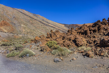 Dramatic moon-like scenery (Paisaje Lunar) at Las Canadas caldera in Teide National Park (Parque nacional del Teide). Tenerife, Canary Islands, Spain.